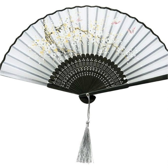 Accessories - Bamboo Silk Black White Decorated Hand Fan